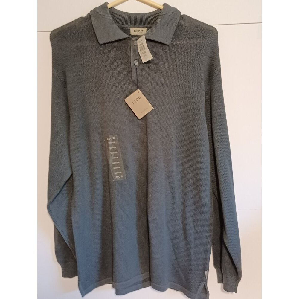 Izod Waffle Knit Sweater Mens Medium BlueGray Cotton Soft Stretch 1/4 Button